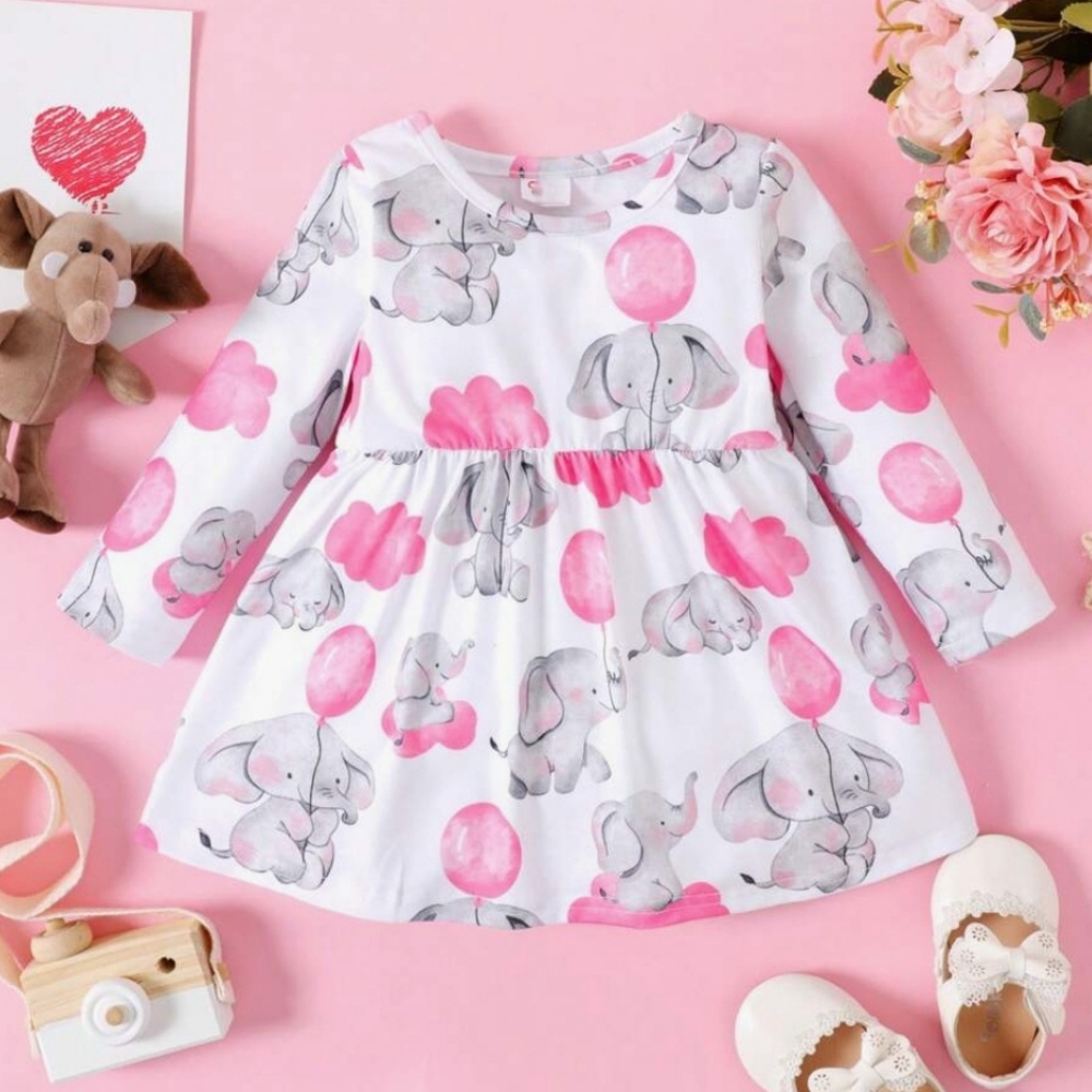 PatPat Toddler Baby Girls Cartoon Elephant & Balloon Animal Long-sleeve Dress